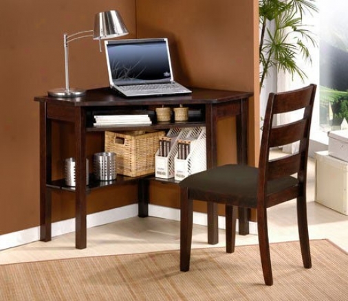 2pc Home Office Corner Chirography Desk And Chair Set In Cherry