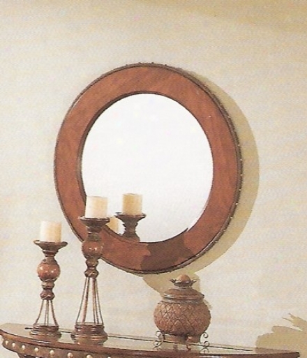 30&quot Cherry Finish Wood Frame Round Beveled Wall Mirror W/nail Head Trim