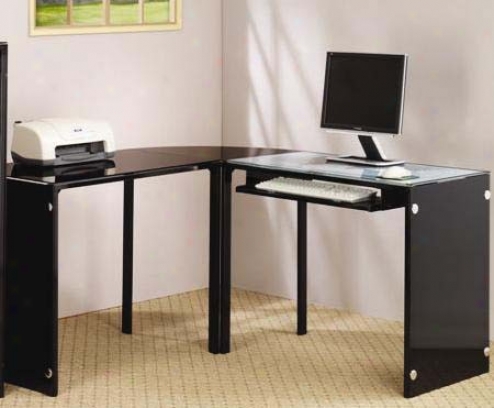 3pc L-shape Computer Desk Set With Glass Top In Glossy Black Finish