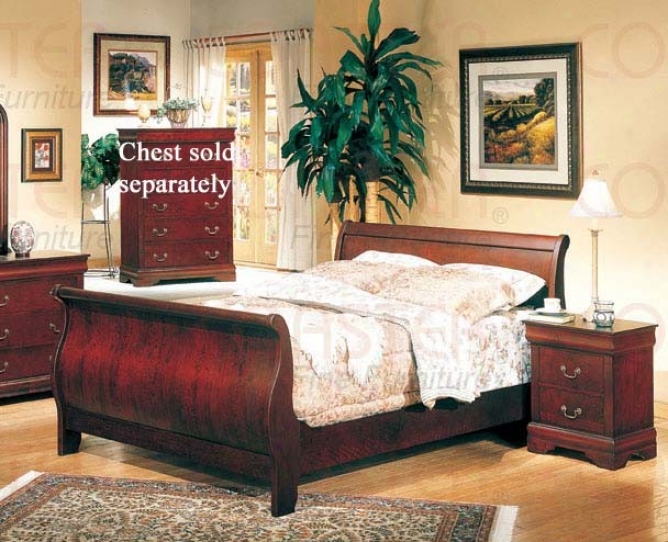 3pc Queen Size Sleigh Bed And Nightstands Set In Cherry Finish