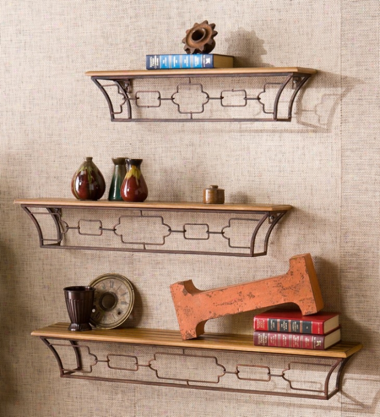 3pc Shelf Set With Wood Slat Highest In Brown Brushed Copper Finish