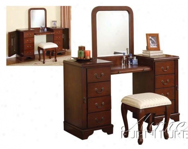 """3pc Vanity Table, Mirror & Stool Set In Cherry Finish"""