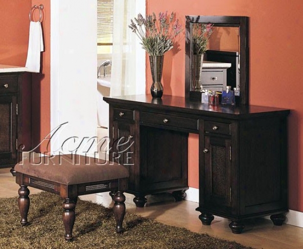 """3pc Vanity Table, Mirror & Stool Set Walnut Finish"""