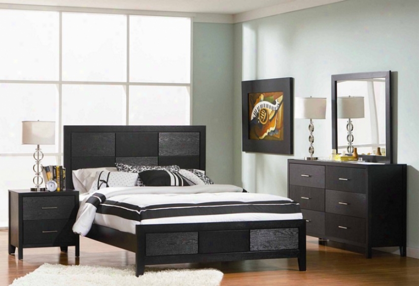 4pc California King Size Bedroom Set With Wood Grain In Black Polish