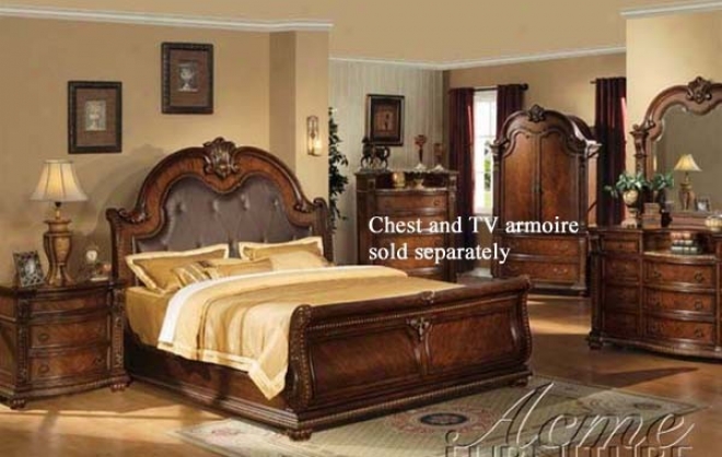 4pc California King Size Sleigh Bedroom Set In Brown Cherry Polishing