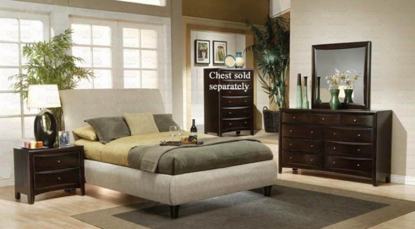 4pc King Size Bedroom Set In Beige Fabric Cappuccino Finish