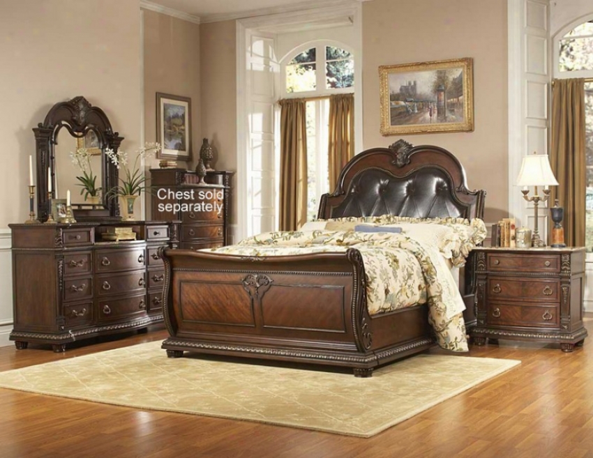 4pc King Size Bedroom Set Leather Tufted Headboard In Rich Brown