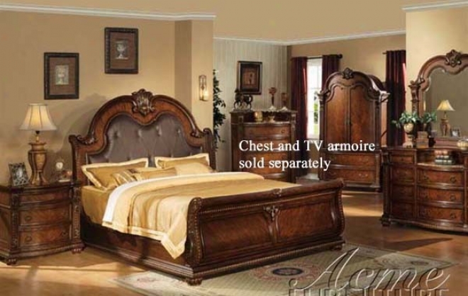 4pc King Size Sleigh Bedroom Set In Brown Cherry Finish