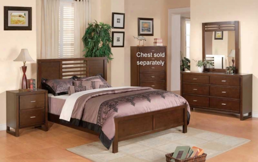 4pc Queen Size Bedroom Set Horizontal Slat Bed In Close Brown