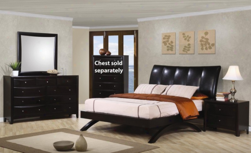 4pc Queen Size Bedroom Set In Black Faux Leather Cappuccino Wood Base