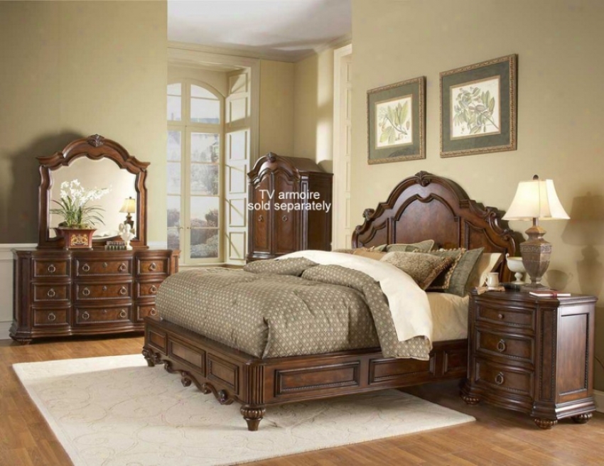 4pc Queen Size Bedroom Set With Panel Bed In Warm Brown