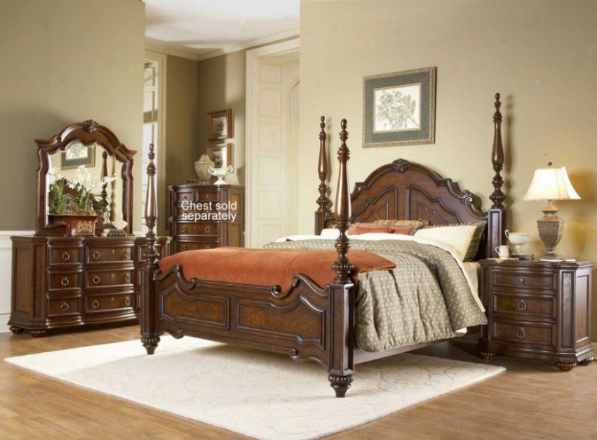 4pc Queen Size Bedroom Set With Poster Bed In Warm Brown