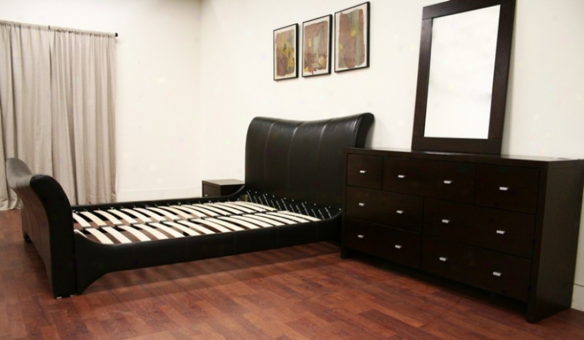 4pc Queen Size Sleigh Bedroom Set In Dark Brown Polish