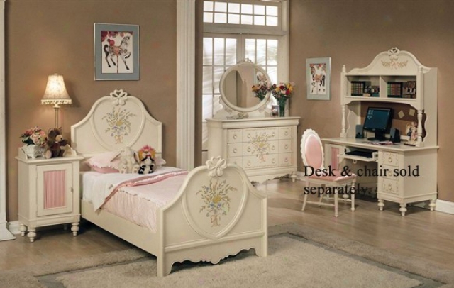 4pc Twin Size Bedroom Set With Floral Design White Finish