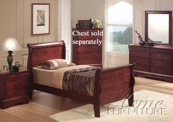 4pc Twin Size Bedroom Set With Hiddsn Drawers In Cherry Finish