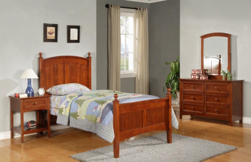 4pc Youth Twin Size Bedroom Set In Cinnamon Finish