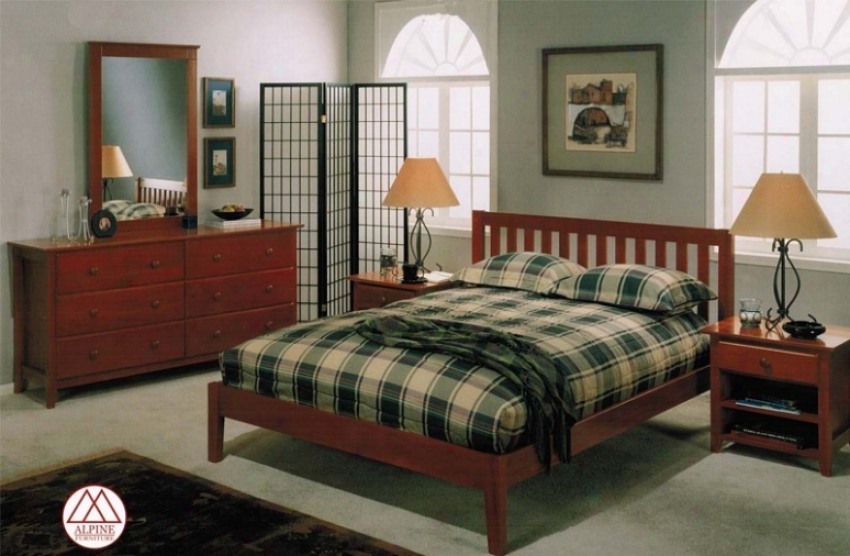 4pcs Full Size Platform Bed B3droom Set Through  Cojtemporary Style In Light Cherry Finish