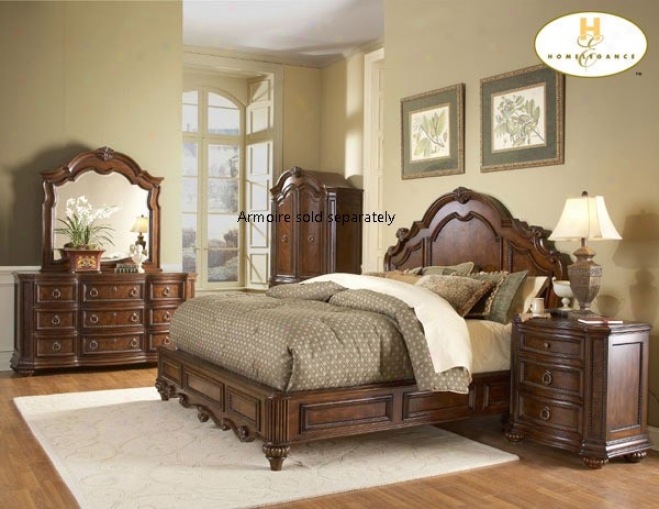 5 Pc Queen Size Bedroom Set With Carving In Warm Brown Finish
