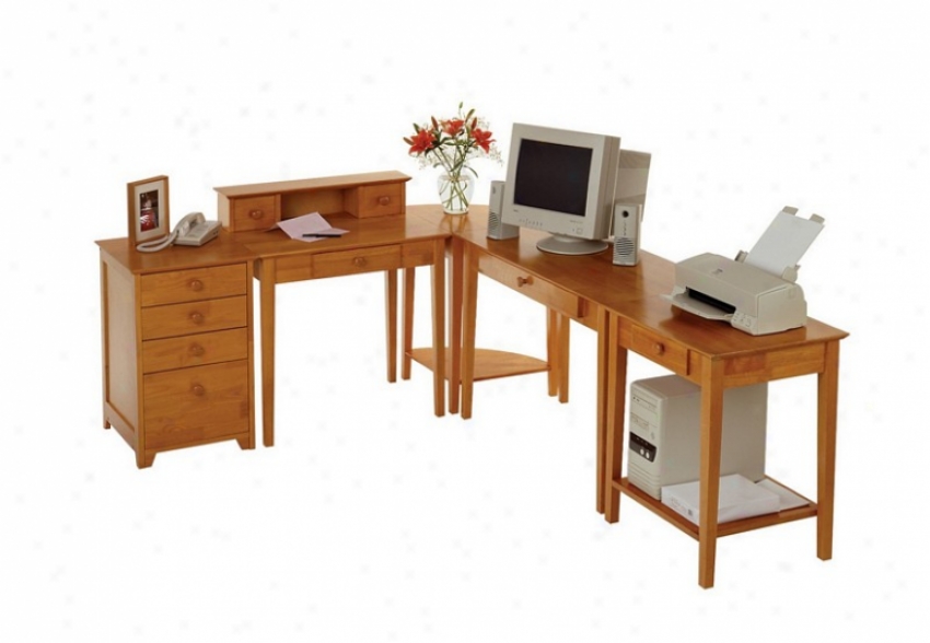 5pc Close Office Computer Desk Set In Honey Pine Fonish