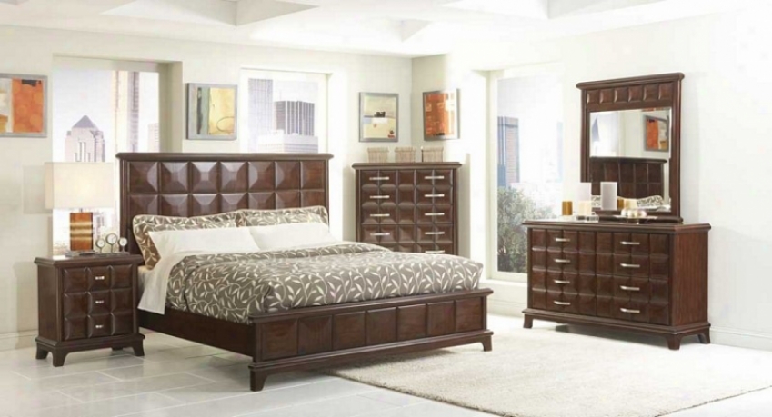 5pc Queen Size Bedroom Set Diamond Square Pattern In Dark Chocolate