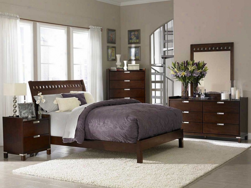 5pc Queen Size Bedroom Set Geometric Cutouts Bed In Cherry