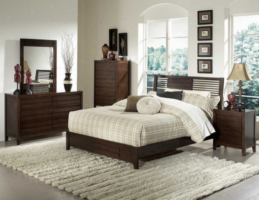 5pc Queen Size Bedroom Set Horizontal Slat Bed In Espresso