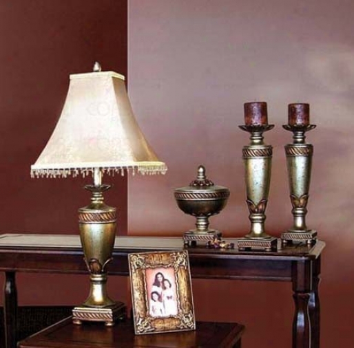 5pc Table Lamp & Candle Sticks Set In Antique Gold Finish