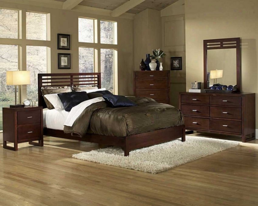 5pc Twin Size Bedroom Set Slat Design Bed In Cherry