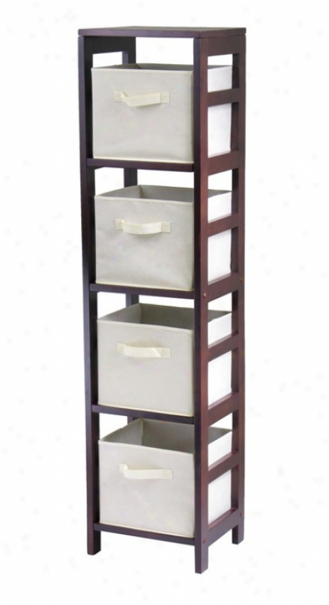 5pcs Espresso Finish Wood Shelf With Beige Fabric Baskets