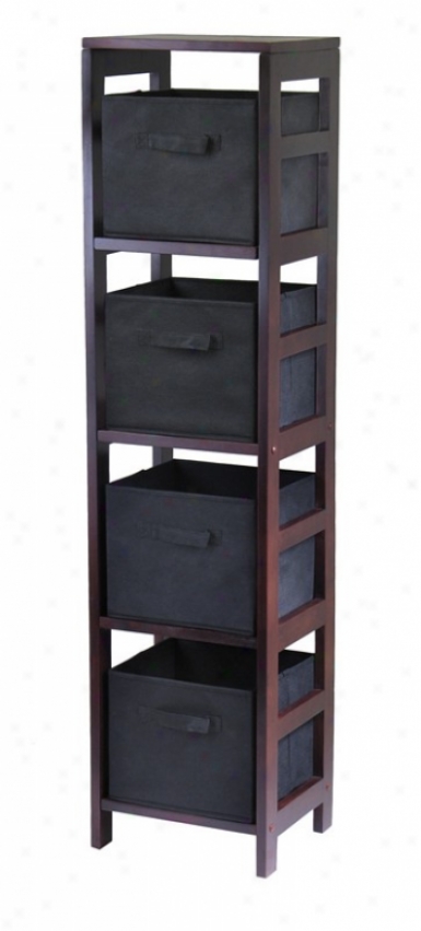 5pcs Espresso Finish Wood Shelf With Black Fabric Baskets