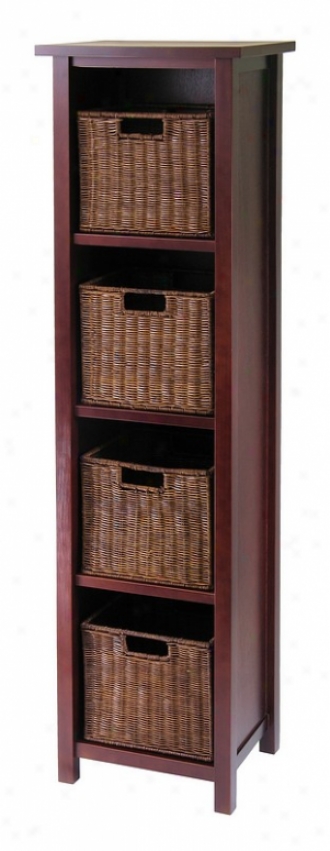 5pcs Milan Antique Walnut Finish Shelf With 4 Storage Baskets