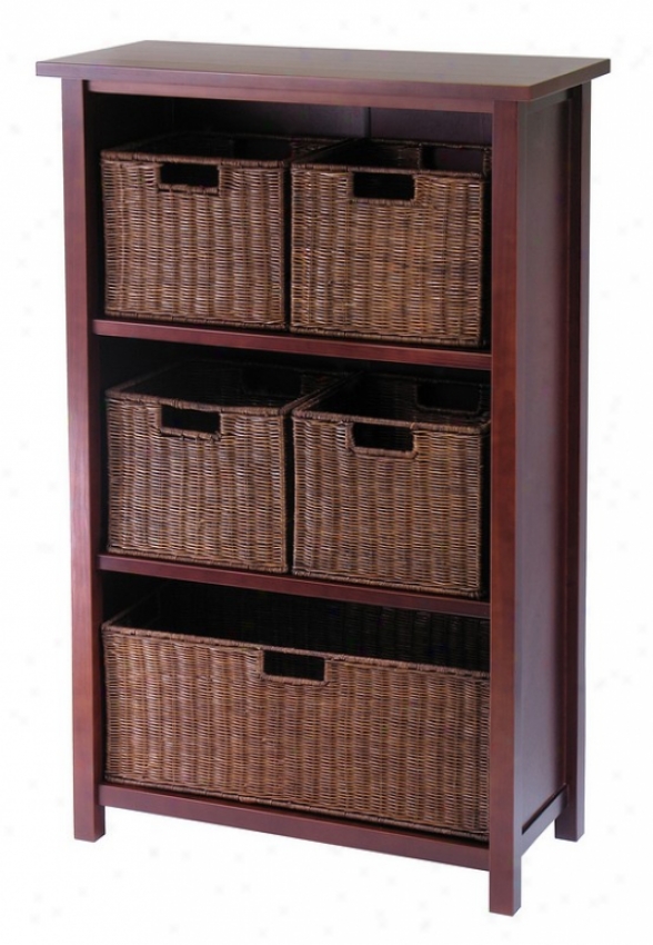 6pcs Milan Antique Walnut Finish Shelf With 5 Storage Baskets