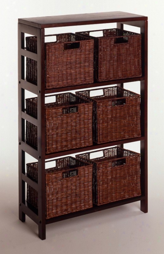 7pcs Espresso Finish Wood Shelf With Storage Baskets