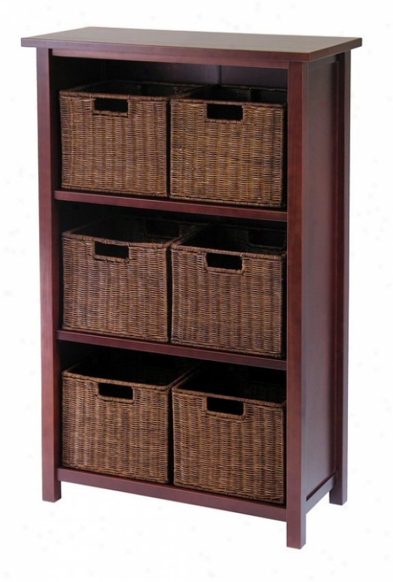 7pcs Milan Antique Walnut Finish Shelf With 6 Storage Baskets