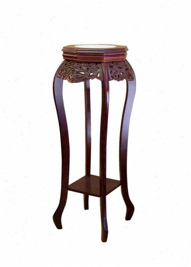 Accent Table/ Plant Stand With Carved Design In Cherry Finish