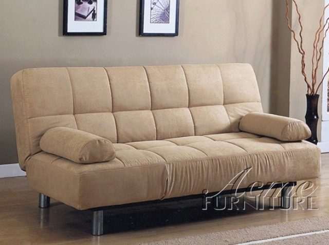 Adjustable Futon Sofa With Pillows In Beige Microfibr