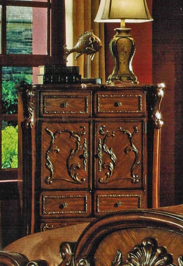 Bedroom Chest With Floral Carvings In Brown Cherry Finish