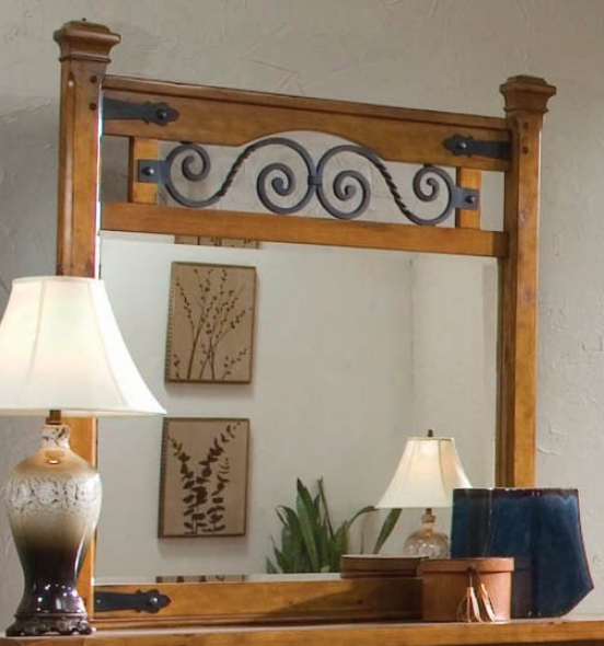 Bedroom Mirror With Spiral Metal Design In Distress Pine Accomplish
