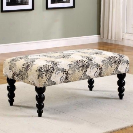 Bench With Butterfly Print Upholstery And Black Turned Ball Legs