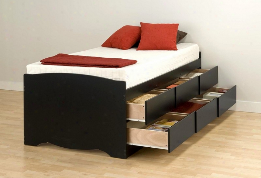 Black Finish Twin Size Platform Bed W/6 Storage Drawer