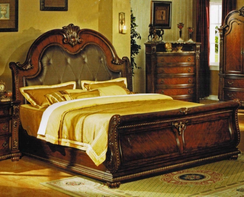 California King Size Sleigh Bed In Brown Cherry Finish