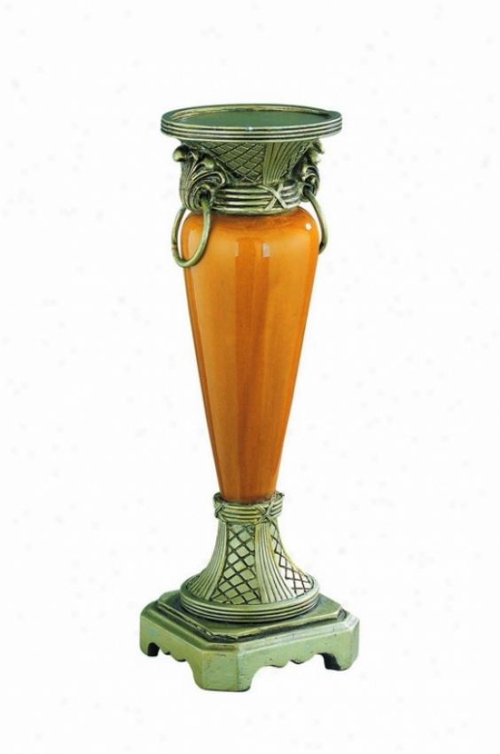 Candle Holder With Golden-amber Ceramic Body In Antique Brass Finish