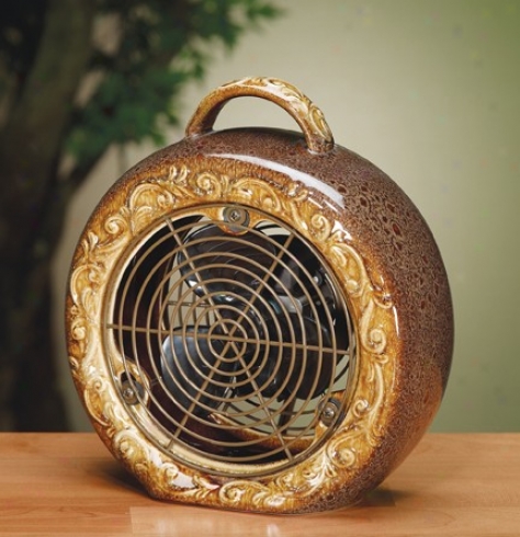 Ceramic Decorative Table Fan With Vine Draw In Gold Finish