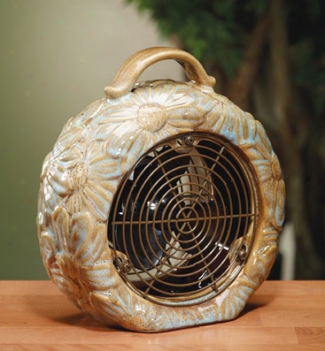 Ceramic Table Fan With Sunflower Design In Sea Finish