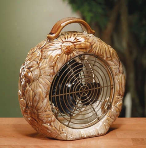 Ceramic Table Fan With Sunflower Design In Yellow Finish