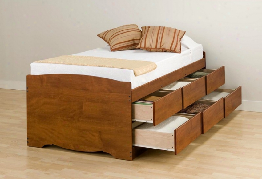 Cherry Finish Twin Size Platform Bed W/6 Storage Drawer