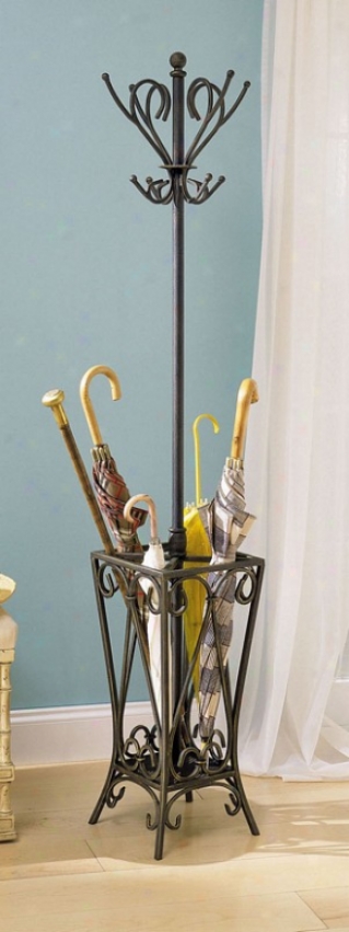 Coat Rack With Umbreella Stand In Matte Black Finish With Gold Highlight