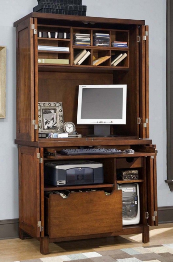 Computer Cabinet With Hutch In Cherry Finish