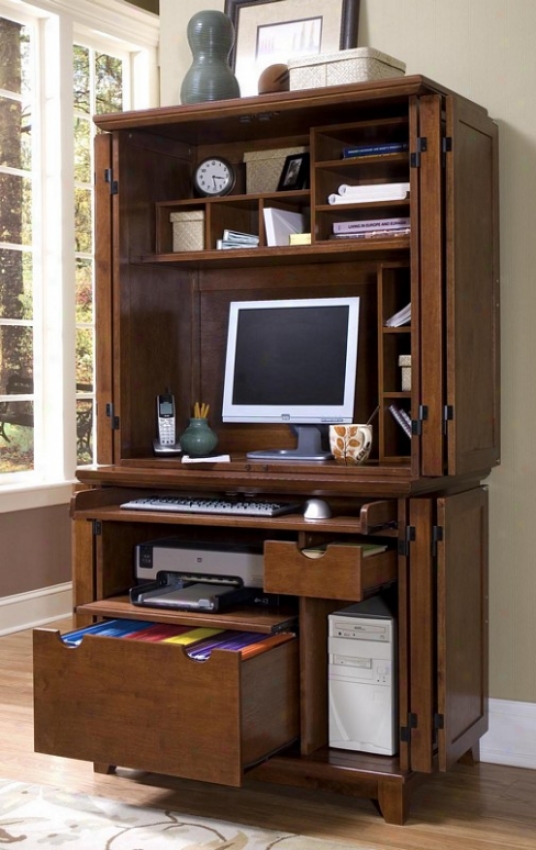 Computer Cabinet With Hutch In Cottage Oak Finish
