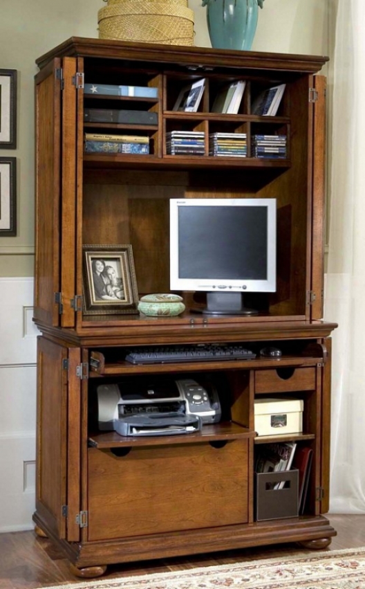 Computer Cabinet With Hutch In Warm Oak Finish